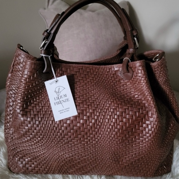 Woven Genuine Leather Tote Bag in Brown - Picture 2 of 12